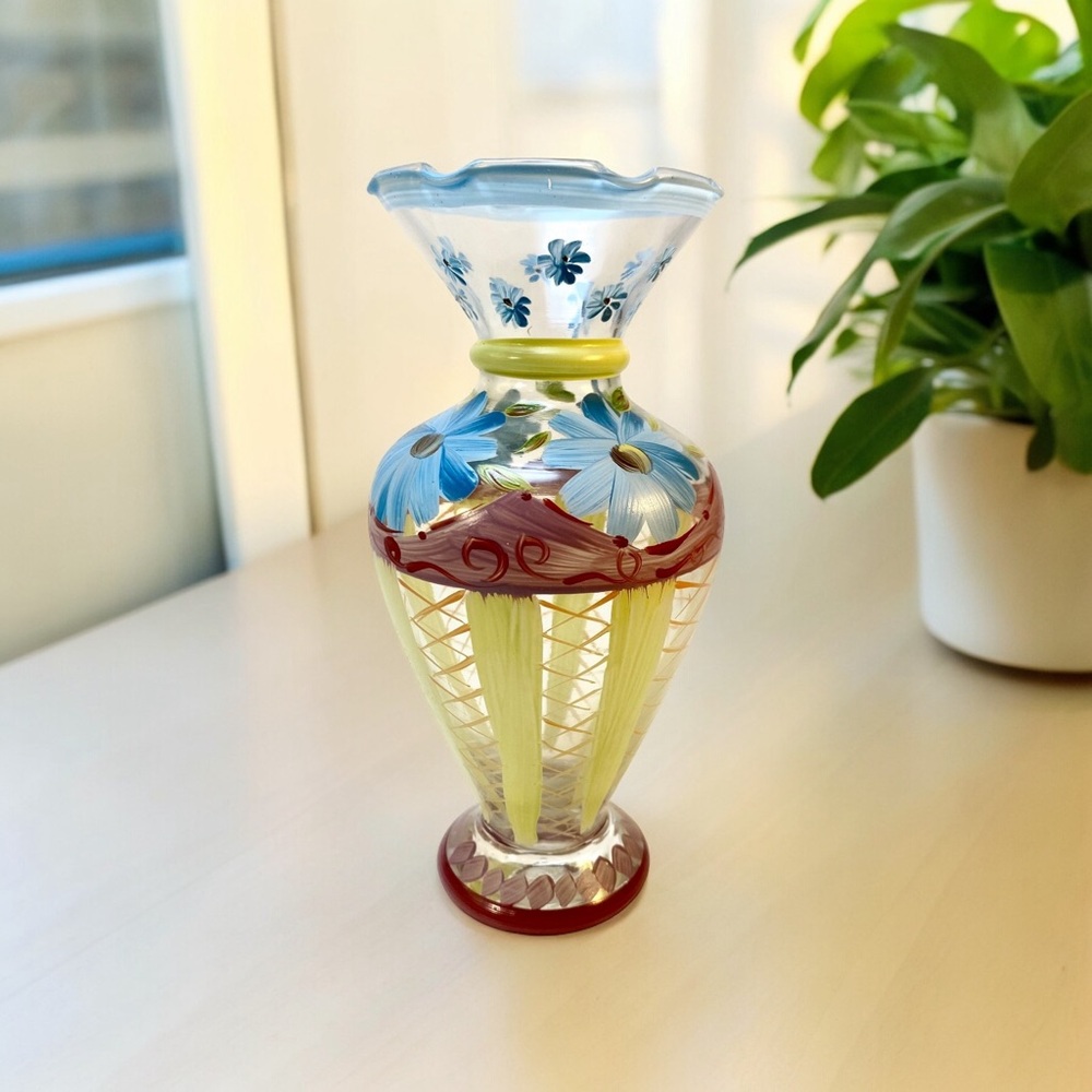 Tracy Porter hand-painted small glass vase. Floral design.